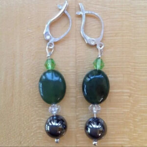 Handcrafted Jade Dangling Earrings Silver Tone Accessory Festival Party Wedding